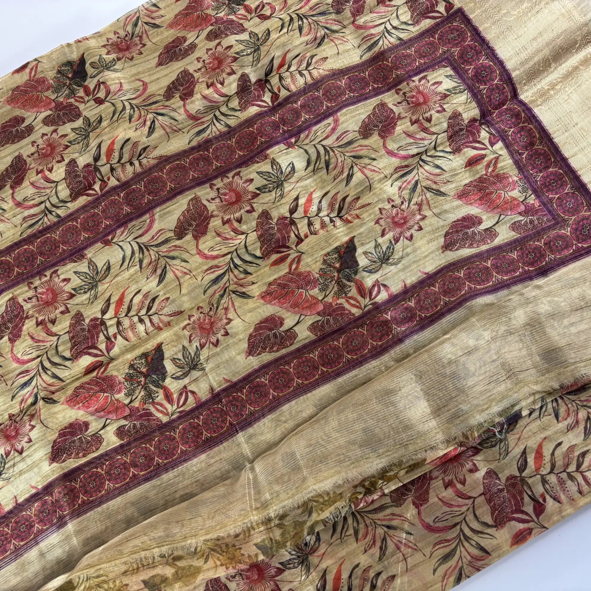 Jungle Fern – Cotton Jute Saree (Beige and Red) | M3-002