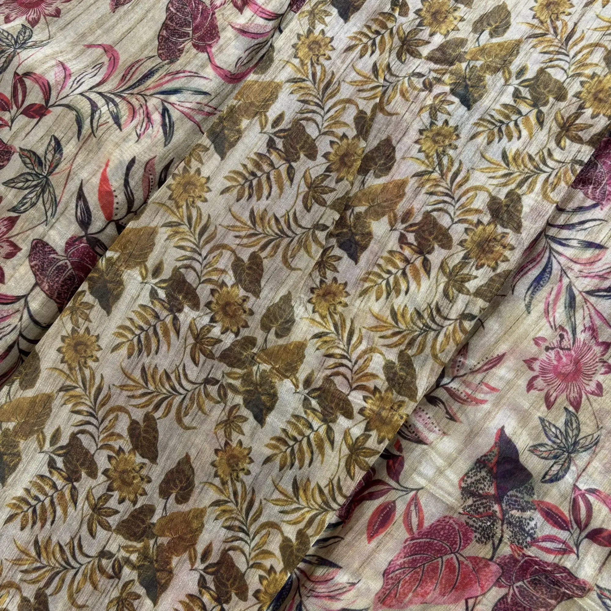 Jungle Fern – Cotton Jute Saree (Beige and Red) | M3-002