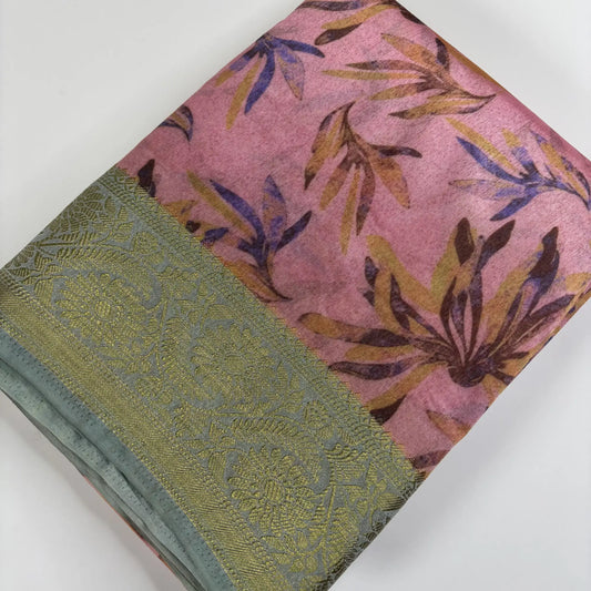 Pastel Petals – Tussar Jute Saree with Digital Print and Woven Border | K4-001