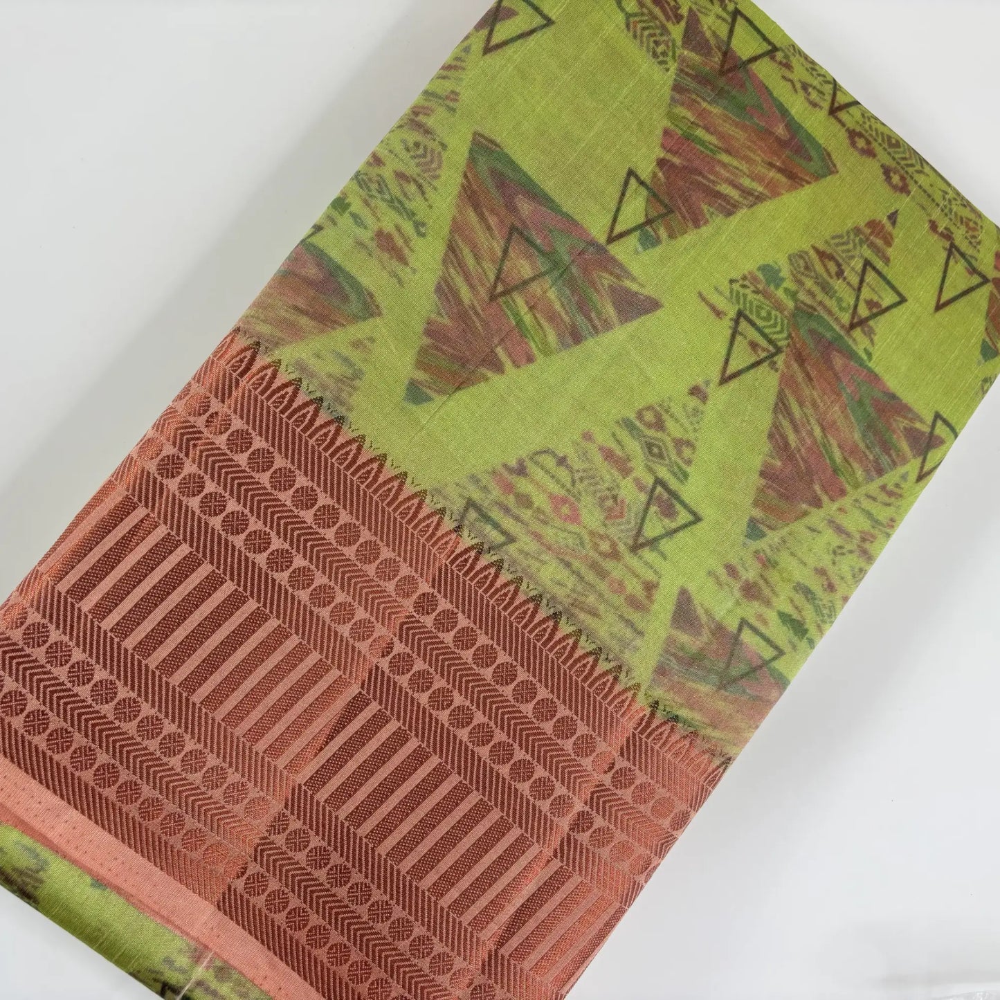 Green Geometric Print with Peach Pink Pallu – Tussar Silk Saree | K1-002