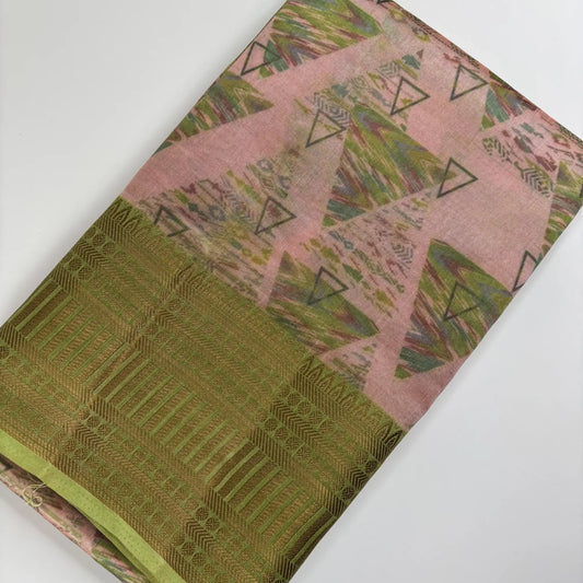 Peach Pink Geometric Print with Green Pallu – Tussar Silk Saree | K1-003