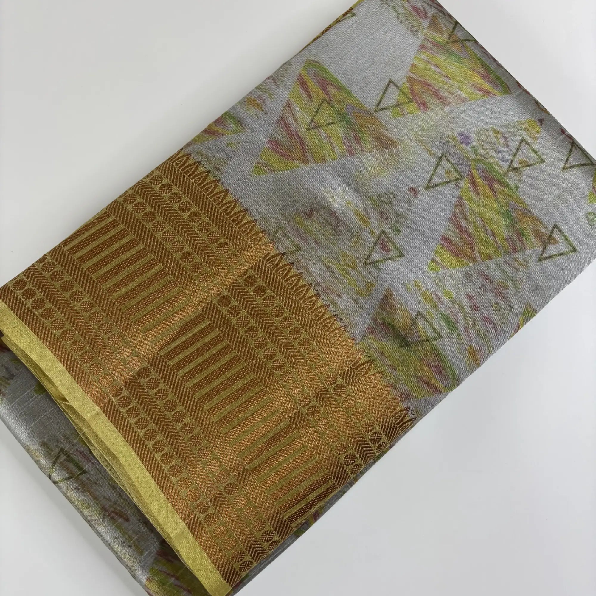 Grey Geometric Print with Golden Green Pallu – Tussar Silk Saree | K1-004