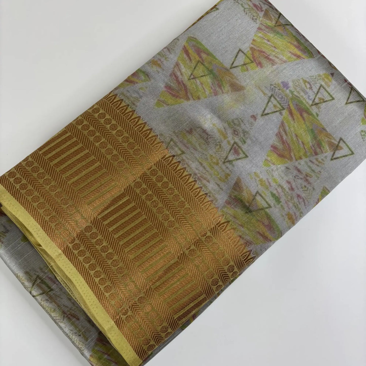 Grey Geometric Print with Golden Green Pallu – Tussar Silk Saree | K1-004