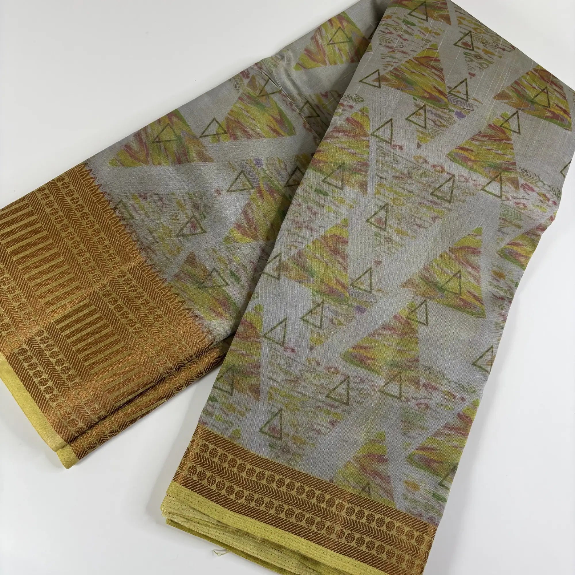 Grey Geometric Print with Golden Green Pallu – Tussar Silk Saree | K1-004