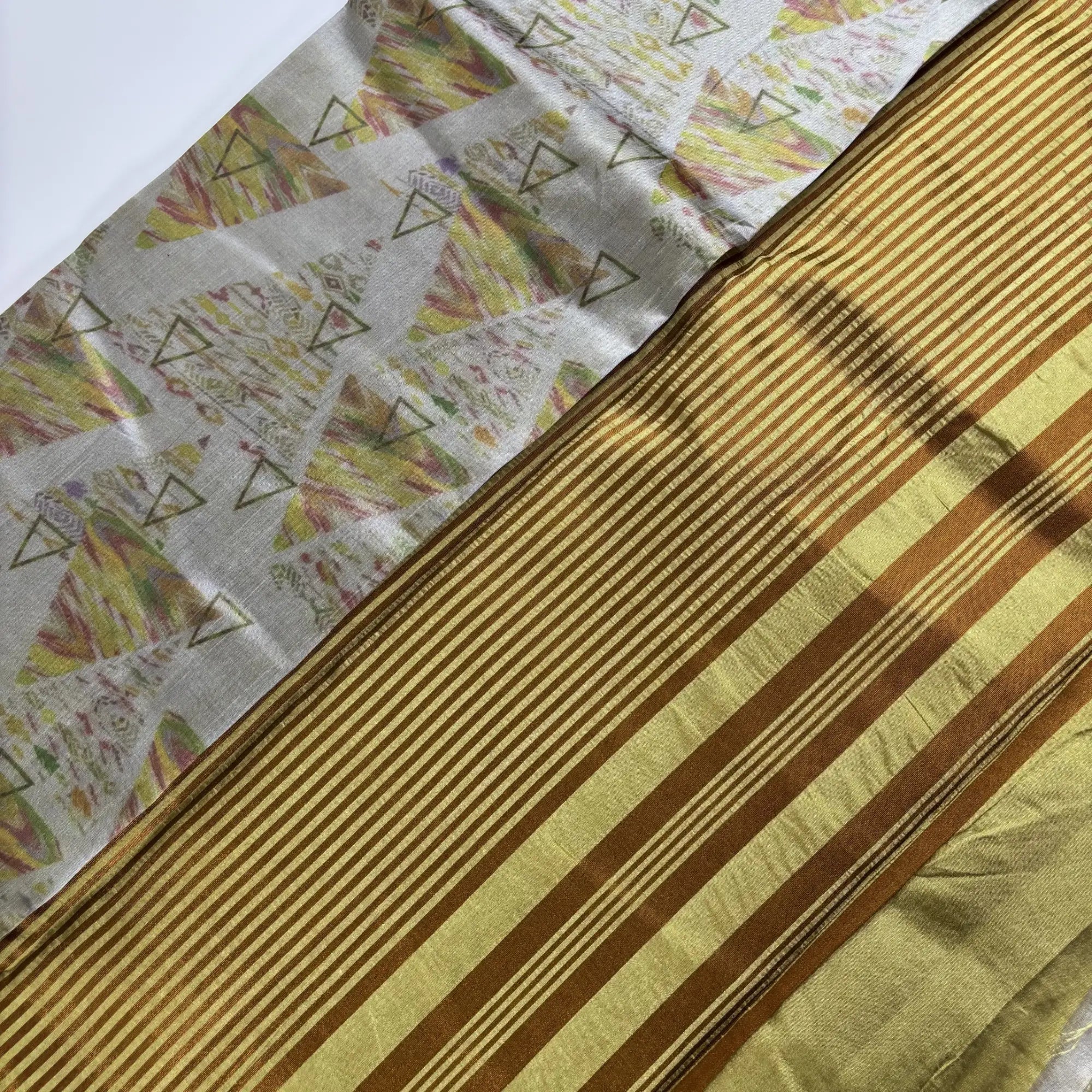 Grey Geometric Print with Golden Green Pallu – Tussar Silk Saree | K1-004