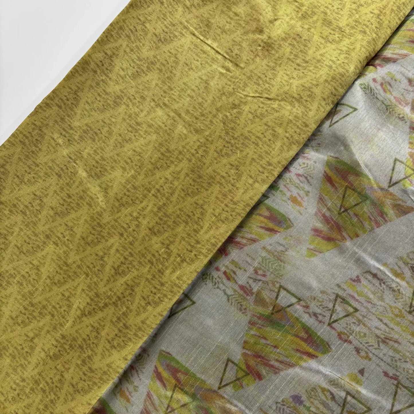 Grey Geometric Print with Golden Green Pallu – Tussar Silk Saree | K1-004