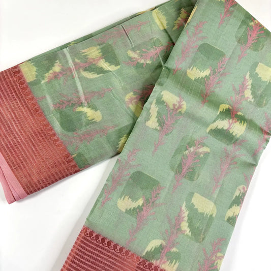 Coral Grove – Tussar Silk Saree with Green Background and Deep Peach Pallu | K1-005