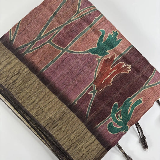 Mahogany & Mustard – Cori Silk Saree with Floral Print and Striped Pallu | T3-001