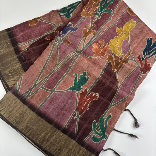 Mahogany & Mustard – Cori Silk Saree with Floral Print and Striped Pallu | T3-001