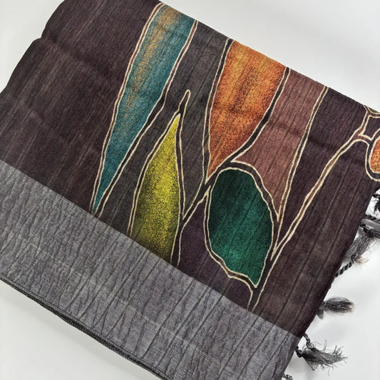 Abstract Earth – Cori Silk Saree with Multi-Color Print and Grey Border | T3-002