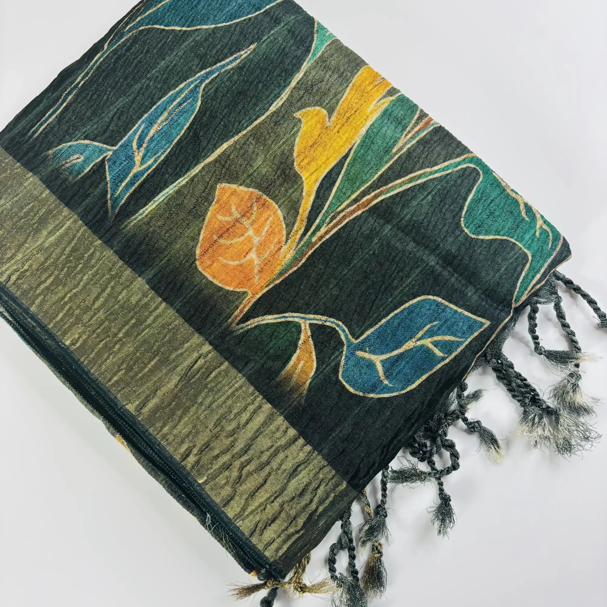 Midnight Forest – Cori Silk Saree with Floral Print and Striped Pallu | T3-003