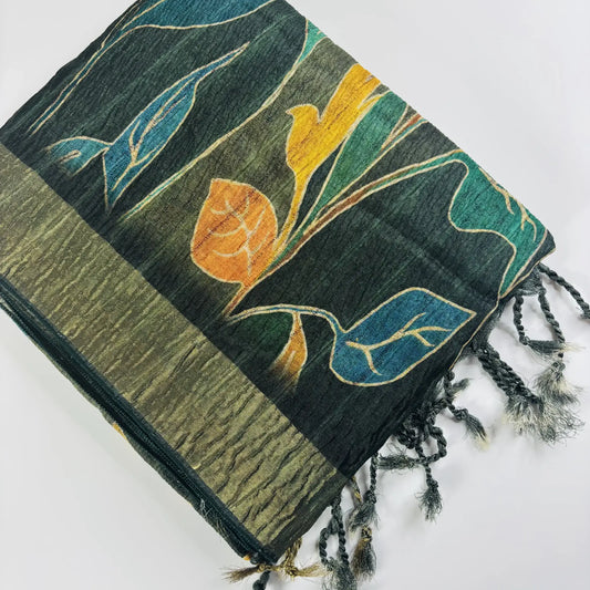 Midnight Forest – Cori Silk Saree with Floral Print and Striped Pallu | T3-003