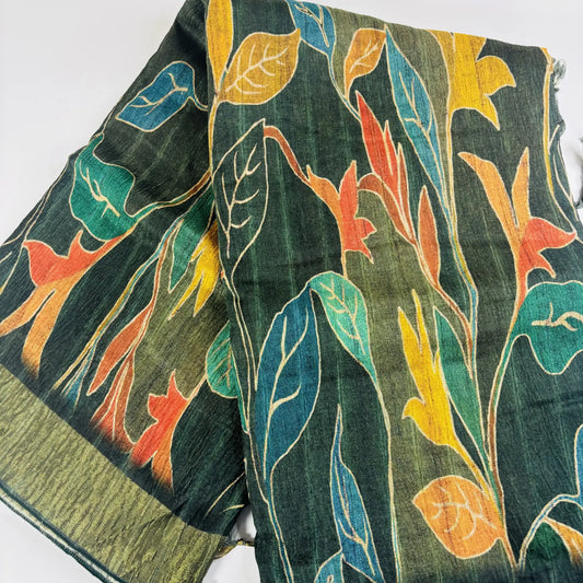 Midnight Forest – Cori Silk Saree with Floral Print and Striped Pallu | T3-003