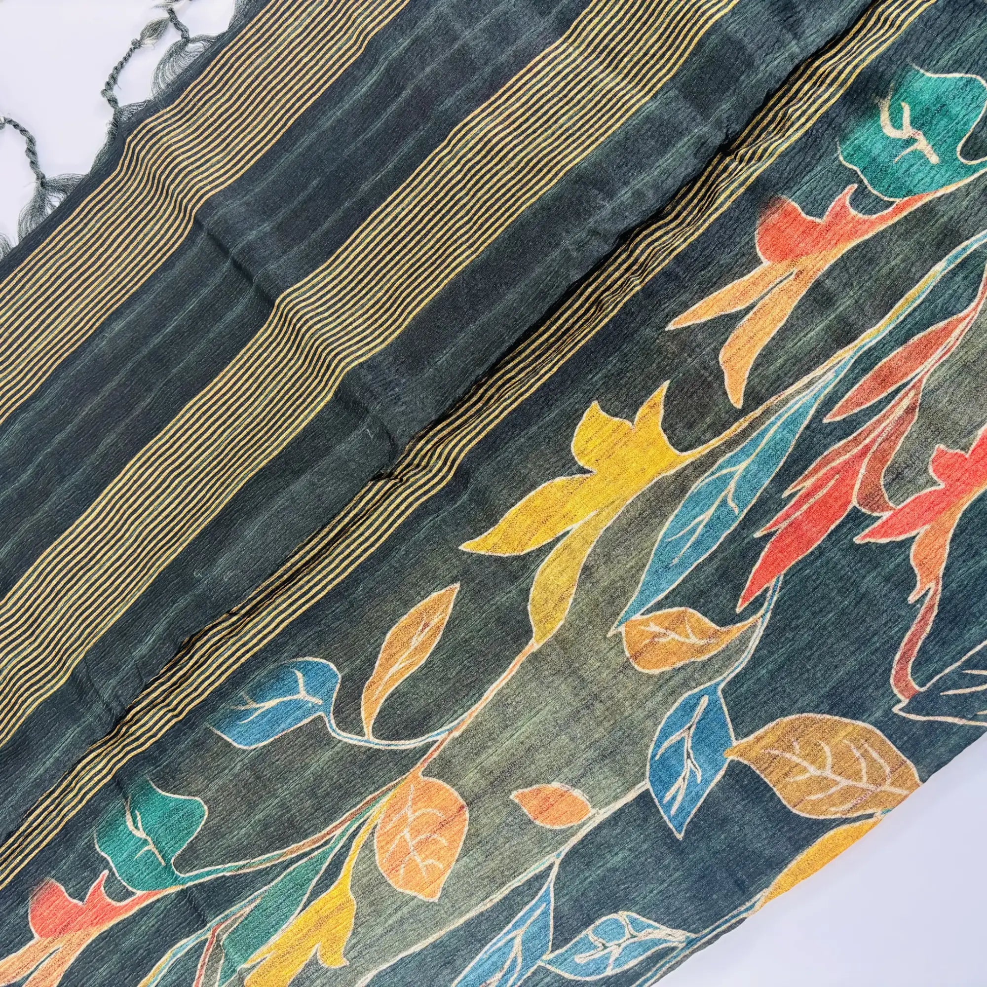 Midnight Forest – Cori Silk Saree with Floral Print and Striped Pallu | T3-003