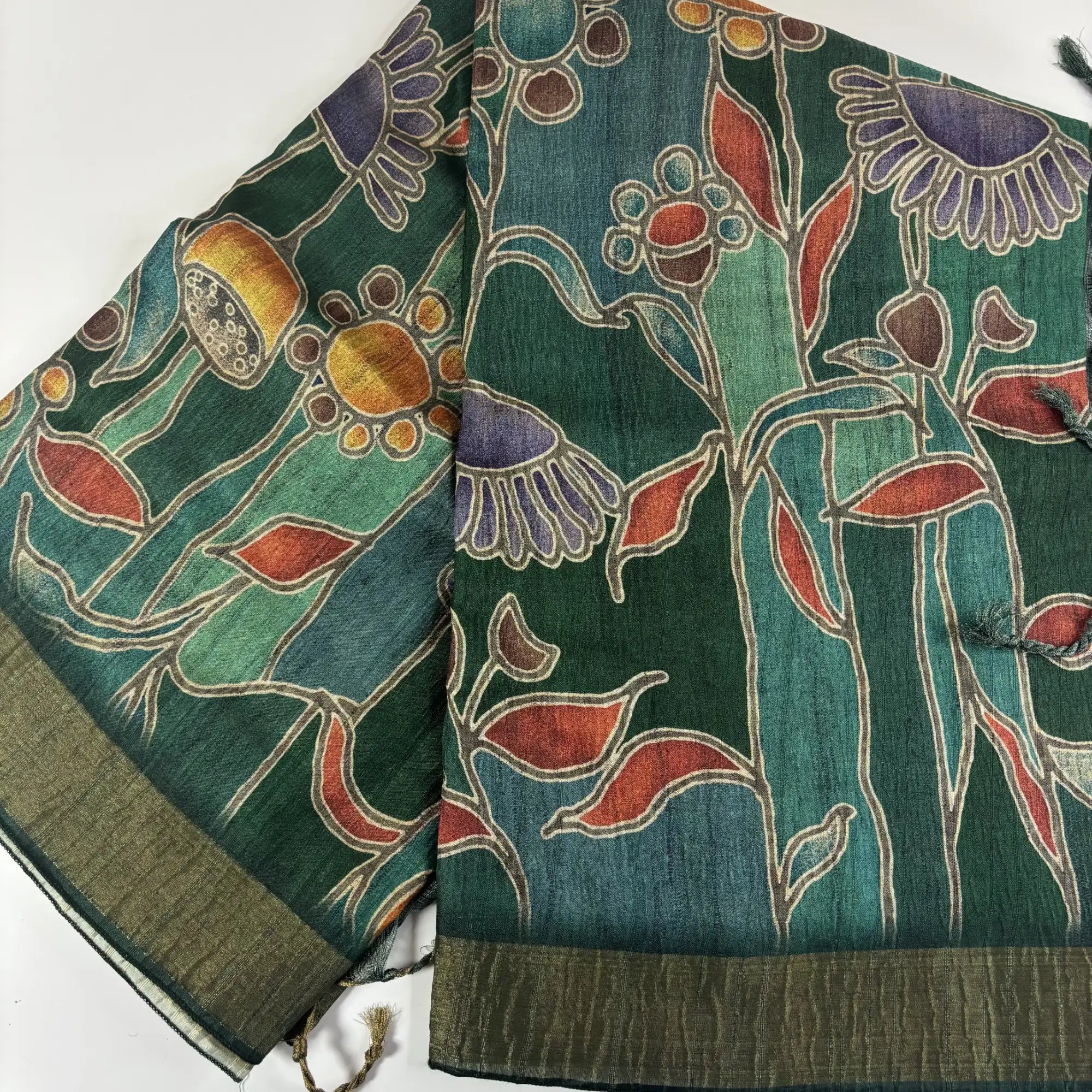 Jade Forest – Cori Silk Saree with Floral Print and Striped Pallu | T3-004