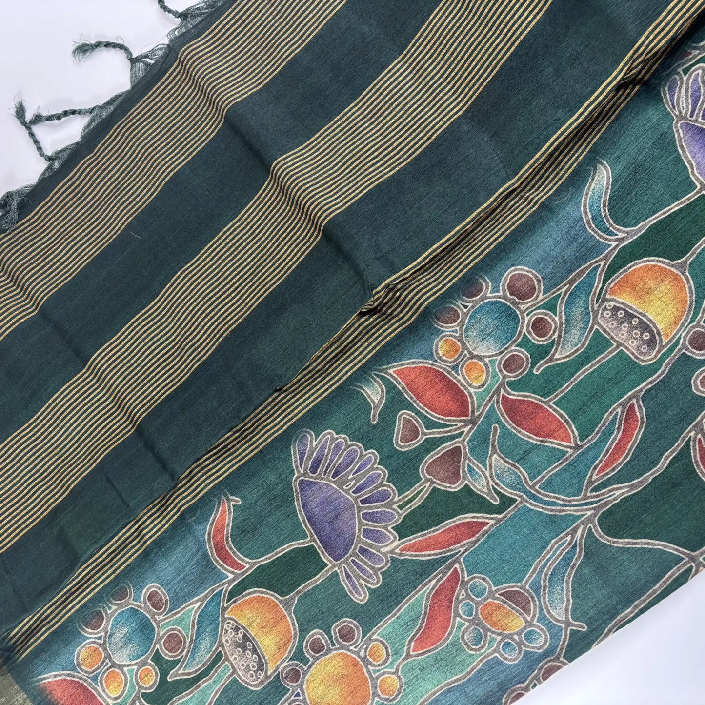 Jade Forest – Cori Silk Saree with Floral Print and Striped Pallu | T3-004