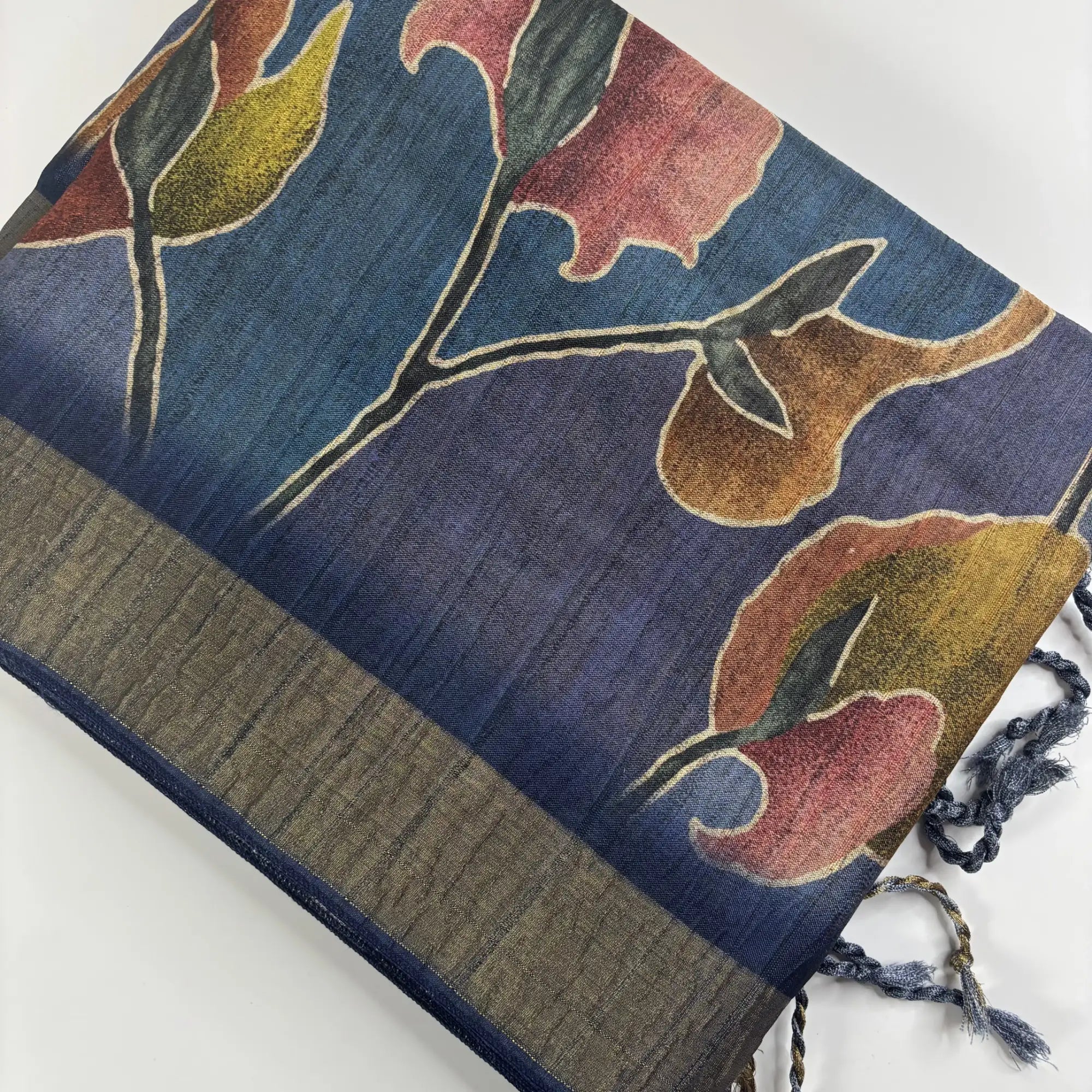 Midnight Bloom – Cori Silk Saree with Floral Print and Striped Pallu | T3-006