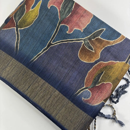 Midnight Bloom – Cori Silk Saree with Floral Print and Striped Pallu | T3-006