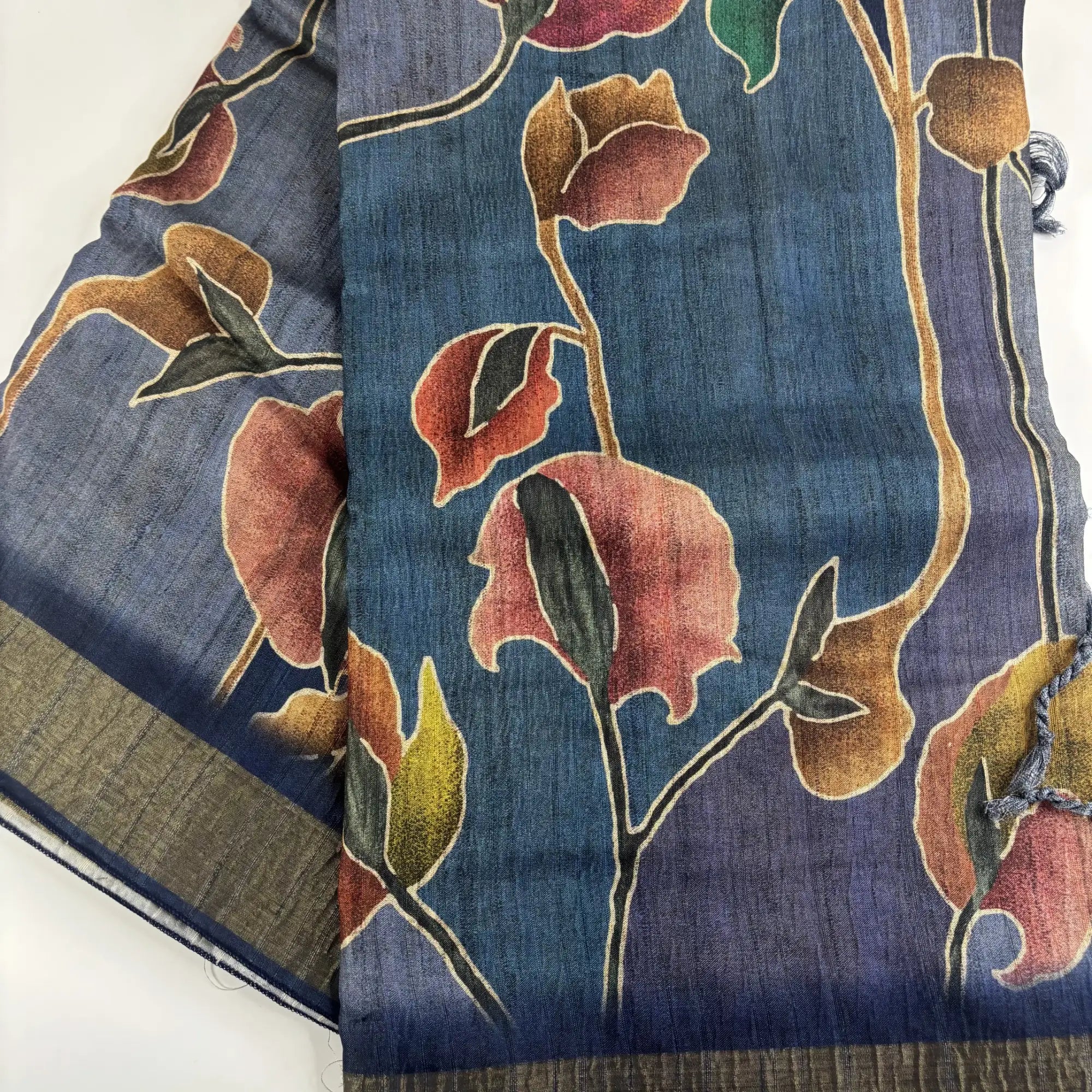 Midnight Bloom – Cori Silk Saree with Floral Print and Striped Pallu | T3-006