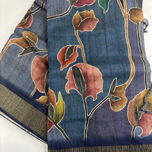 Midnight Bloom – Cori Silk Saree with Floral Print and Striped Pallu | T3-006