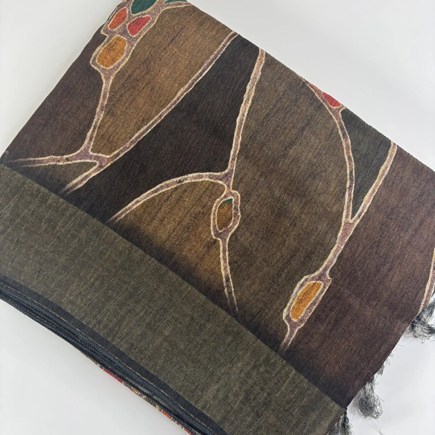 Woodland Art – Cori Silk Saree with Abstract Print and Striped Pallu | T3-008