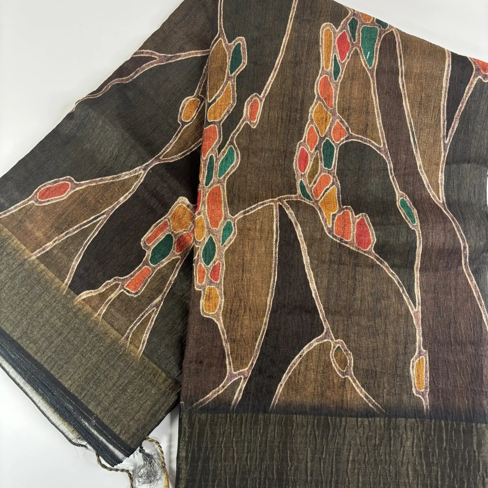Woodland Art – Cori Silk Saree with Abstract Print and Striped Pallu | T3-008