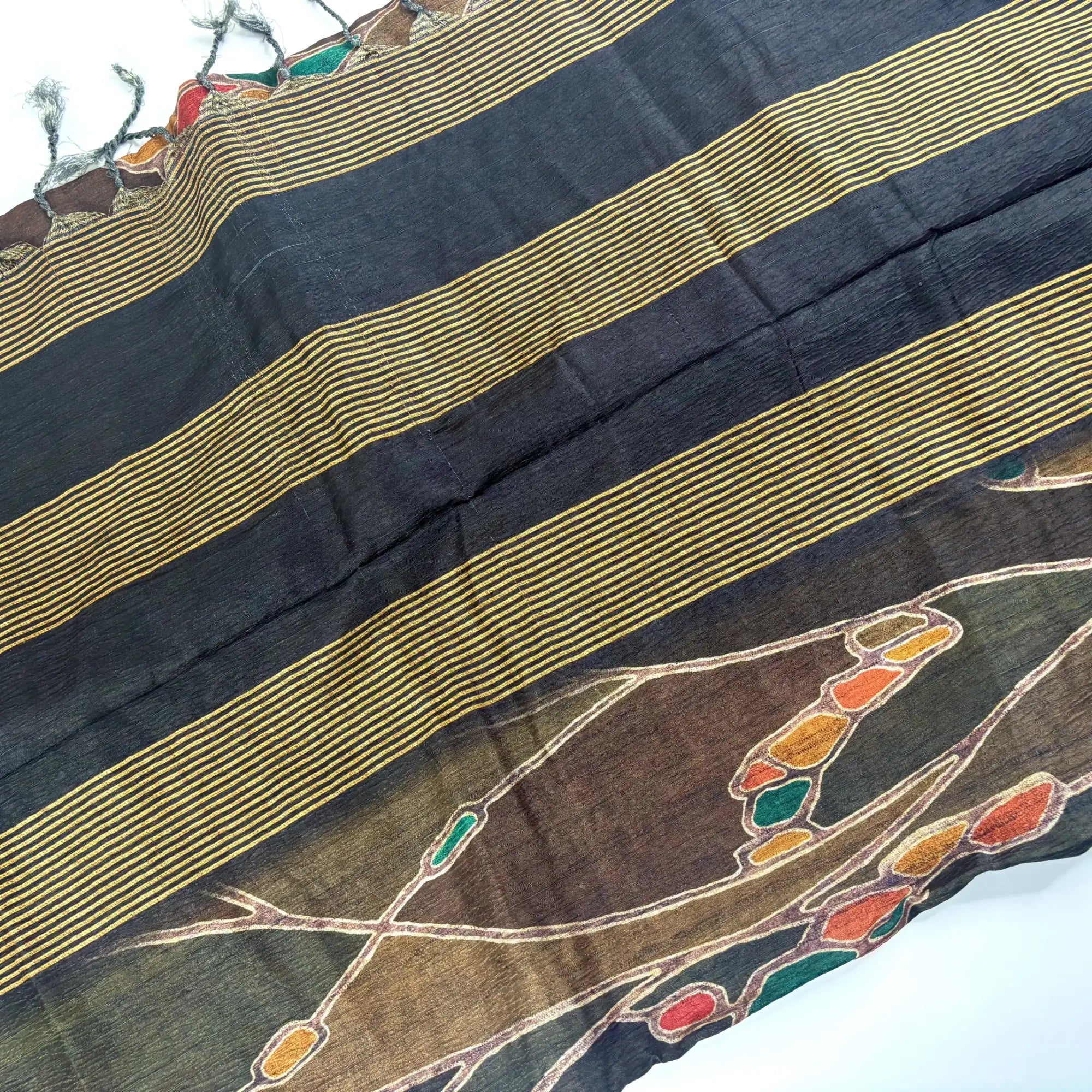 Woodland Art – Cori Silk Saree with Abstract Print and Striped Pallu | T3-008