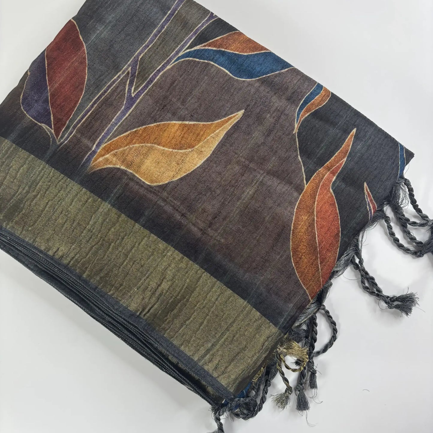 Charcoal Foliage – Cori Silk Saree with Abstract Print and Woven Border | T3-009