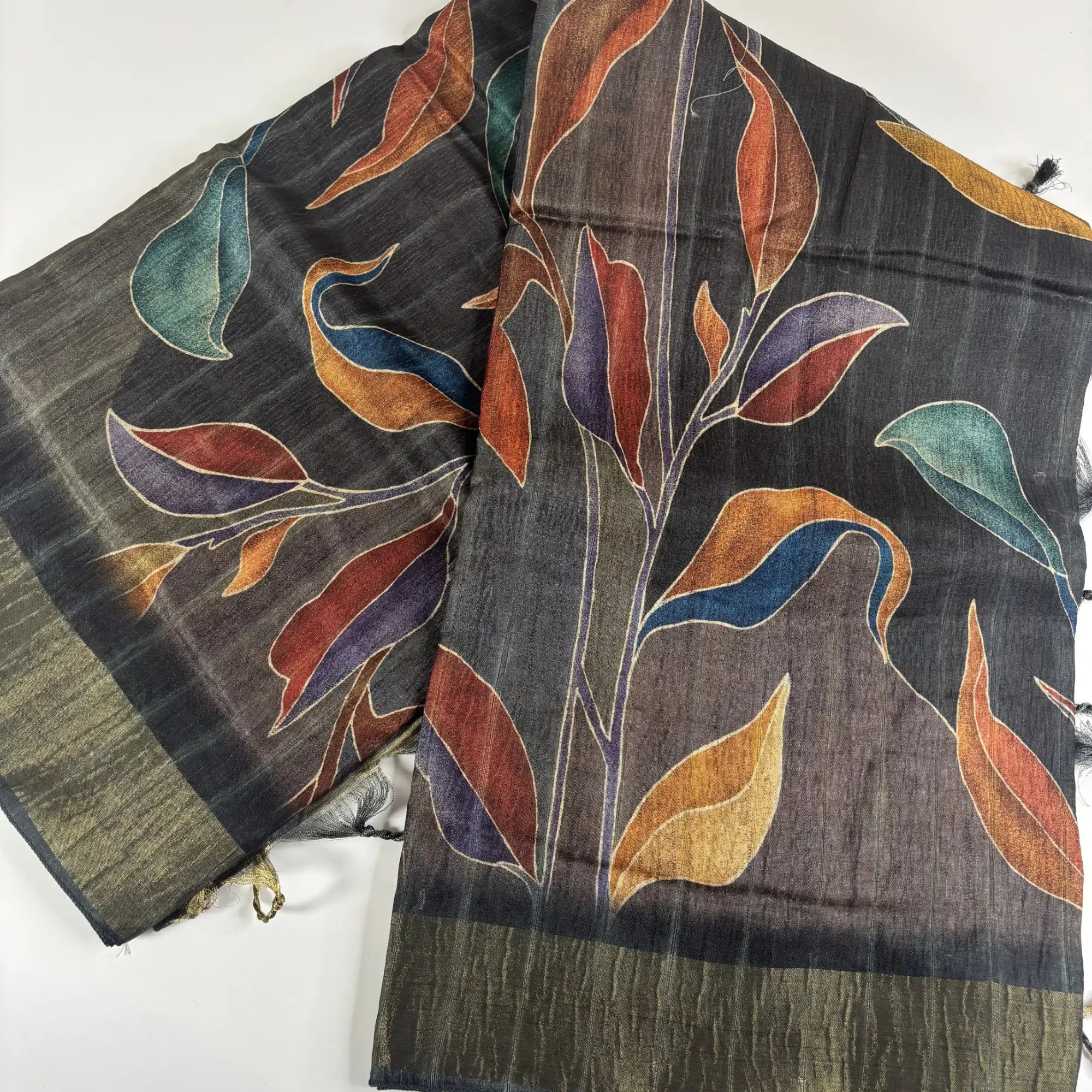 Charcoal Foliage – Cori Silk Saree with Abstract Print and Woven Border | T3-009