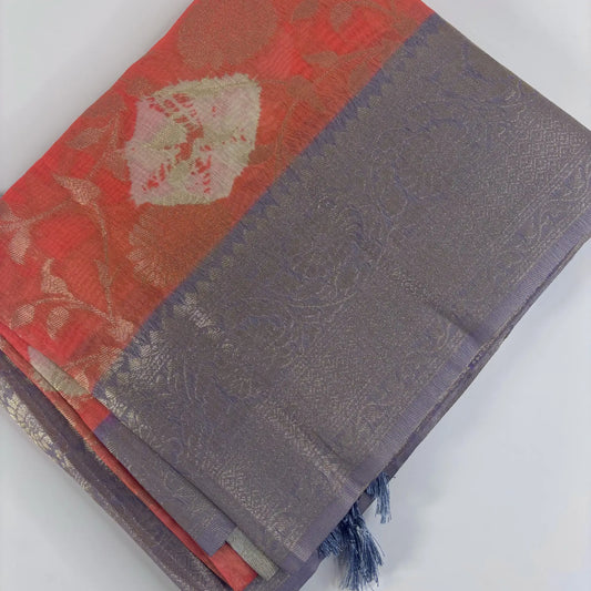 Coral Bloom – Fancy Saree with Tissue-Like Fabric and Nakshatra Pallu | S3-005