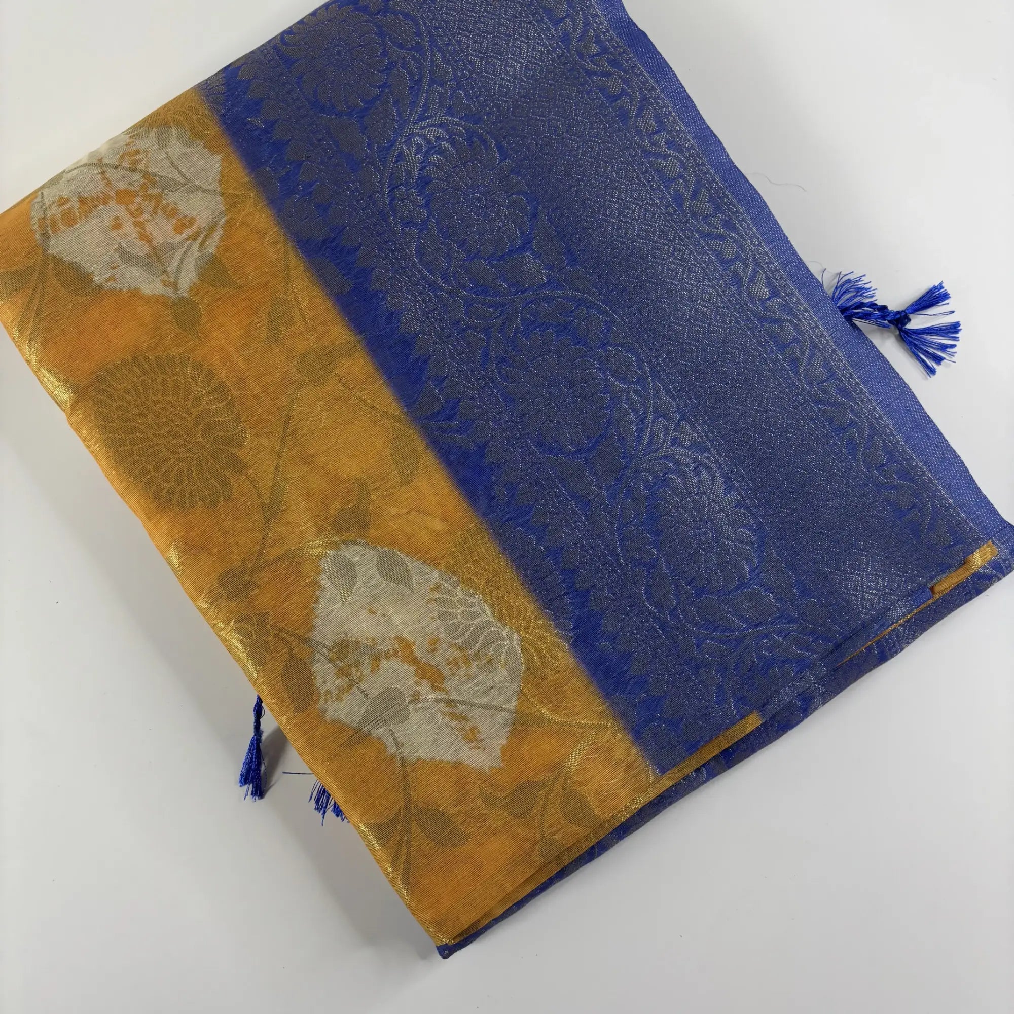 Marigold & Blue – Fancy Saree with Tissue-Like Fabric and Nakshatra Pallu | S3-002