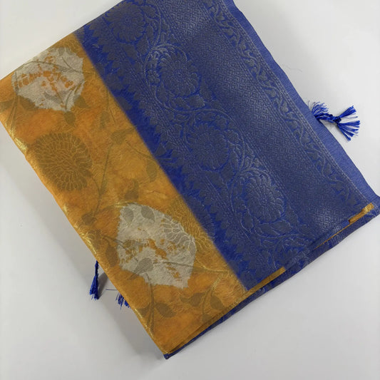 Marigold & Blue – Fancy Saree with Tissue-Like Fabric and Nakshatra Pallu | S3-002