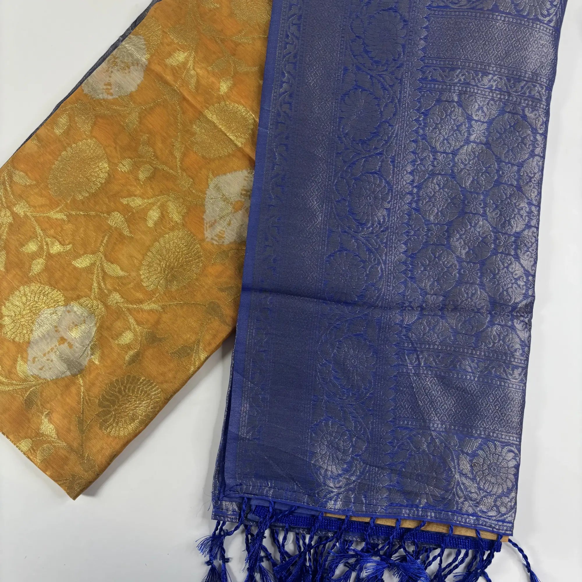 Marigold & Blue – Fancy Saree with Tissue-Like Fabric and Nakshatra Pallu | S3-002