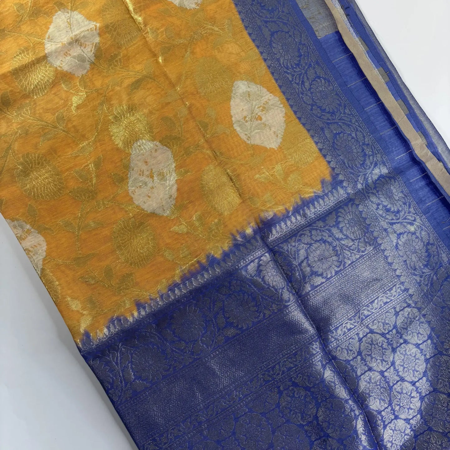 Marigold & Blue – Fancy Saree with Tissue-Like Fabric and Nakshatra Pallu | S3-002