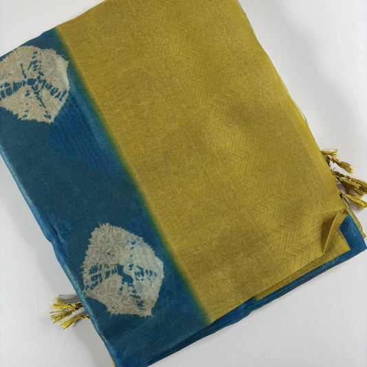 Mustard & Blue – Fancy Saree with Tissue-Like Fabric and Nakshatra Pallu | S3-006