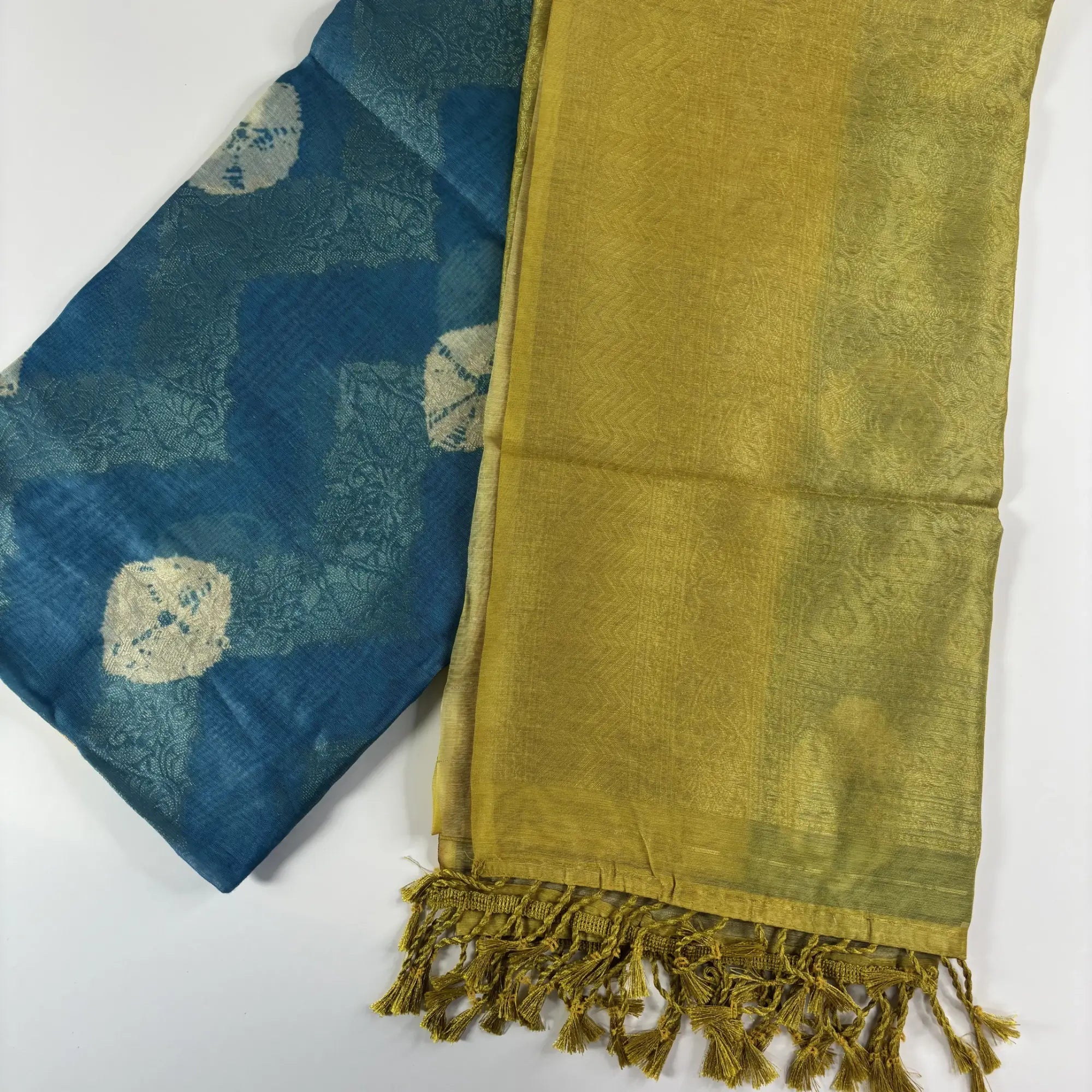 Mustard & Blue – Fancy Saree with Tissue-Like Fabric and Nakshatra Pallu | S3-006