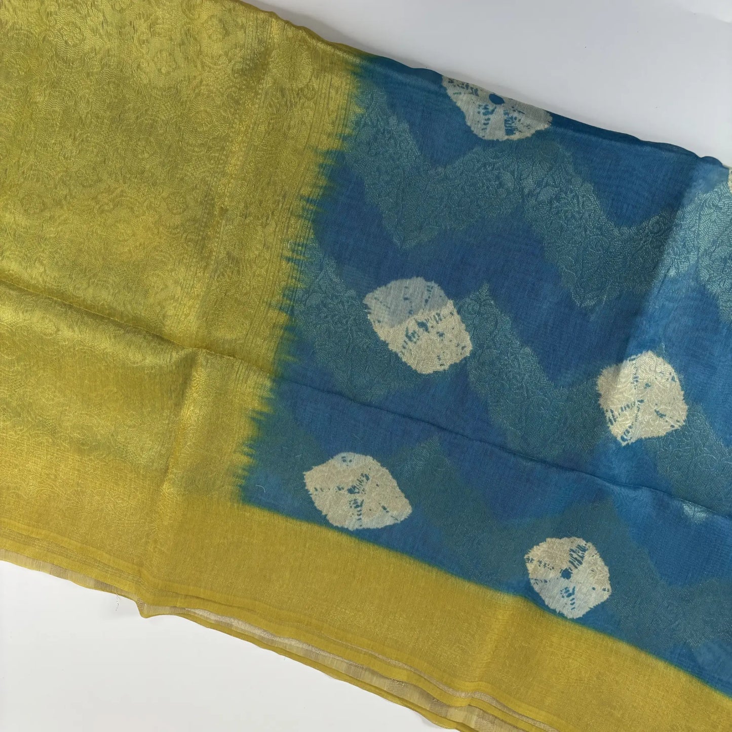 Mustard & Blue – Fancy Saree with Tissue-Like Fabric and Nakshatra Pallu | S3-006