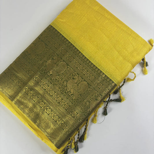 Golden Yellow & Dark Green – Minakari Saree with Rich Pallu and Border | Q3-004