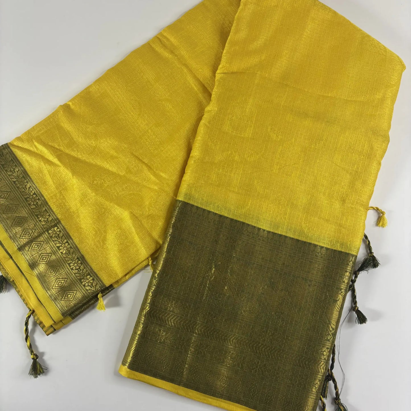 Golden Yellow & Dark Green – Minakari Saree with Rich Pallu and Border | Q3-004