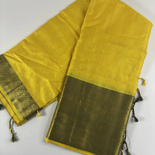 Golden Yellow & Dark Green – Minakari Saree with Rich Pallu and Border | Q3-004