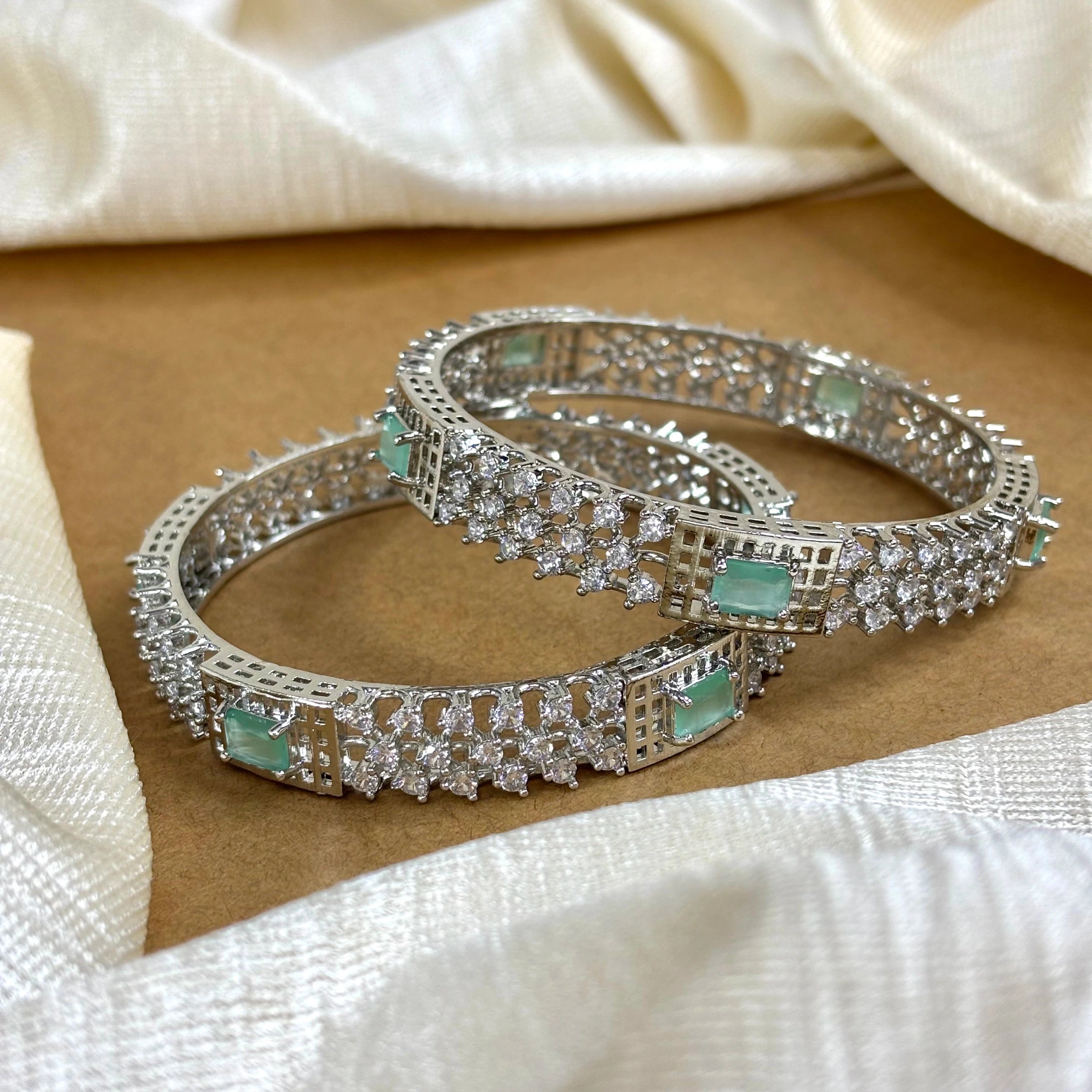 Mint Sparkle – Rhodium-Plated Bangles with AD and Mint Green Stones | B-B2-001