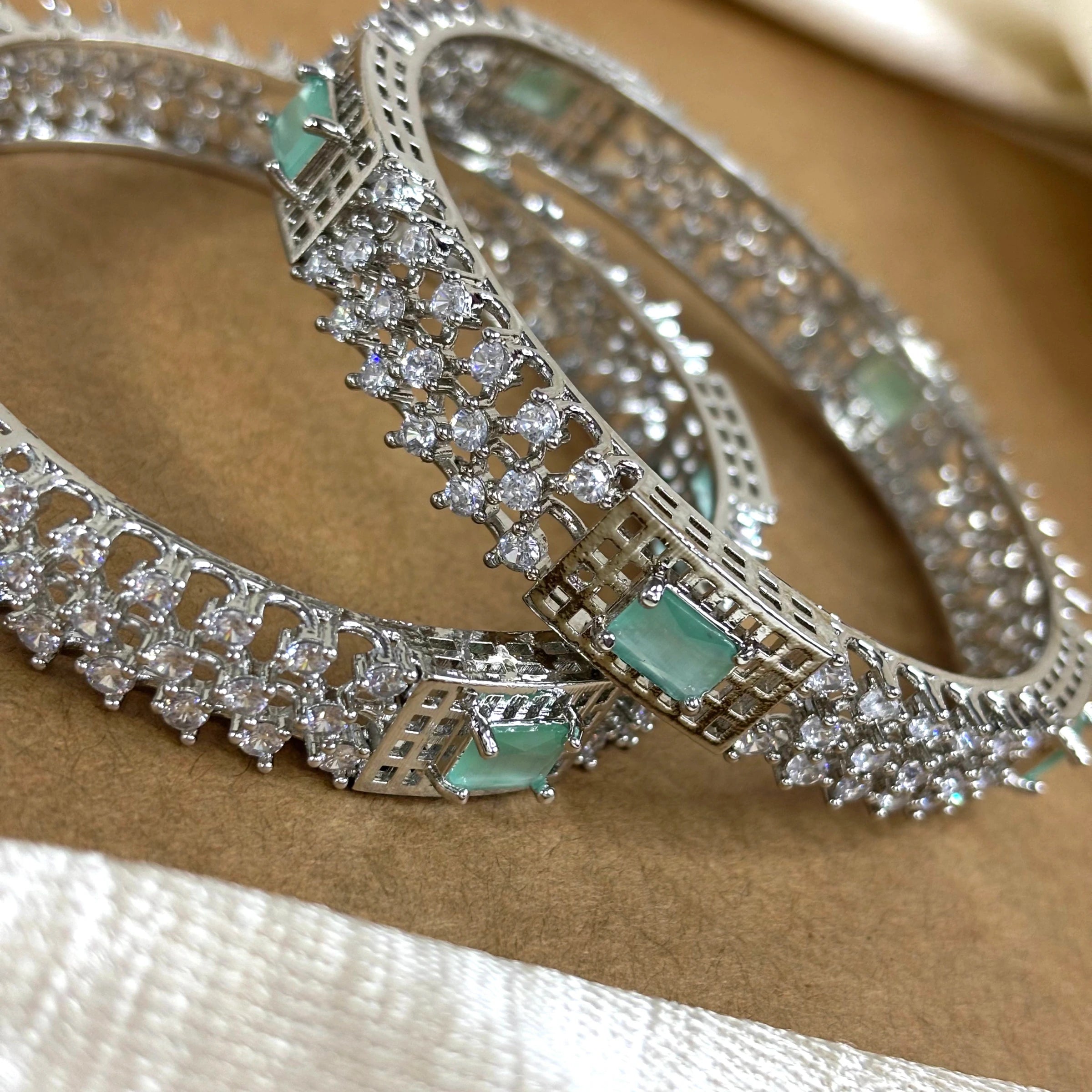 Mint Sparkle – Rhodium-Plated Bangles with AD and Mint Green Stones | B-B2-001