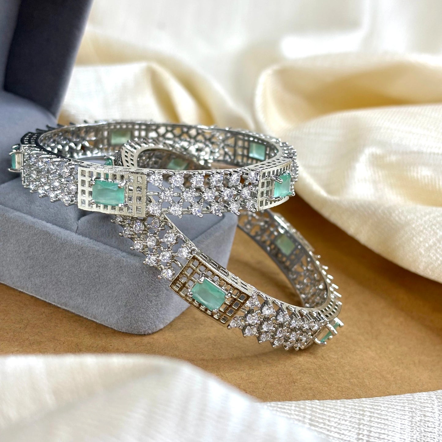 Mint Sparkle – Rhodium-Plated Bangles with AD and Mint Green Stones | B-B2-001