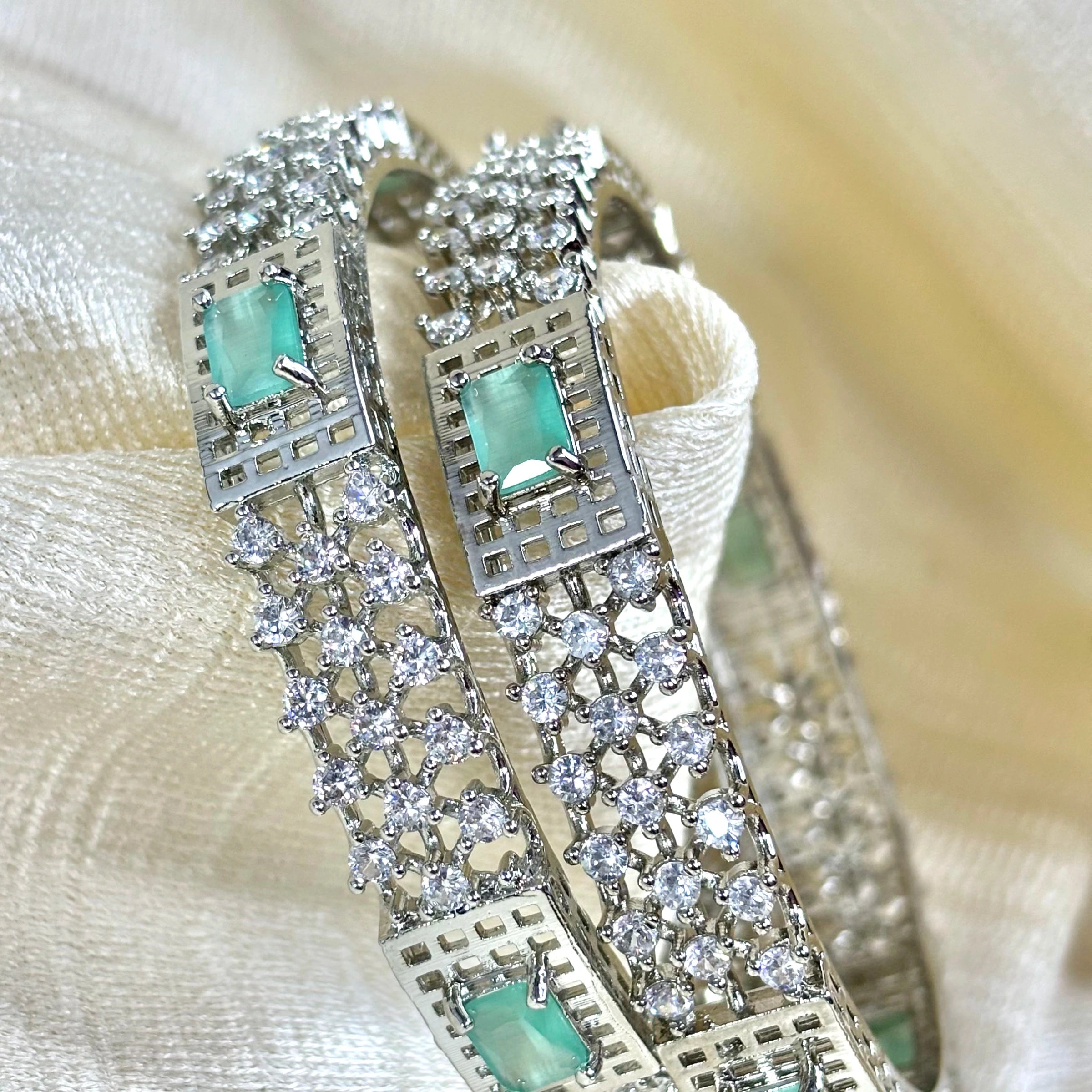 Mint Sparkle – Rhodium-Plated Bangles with AD and Mint Green Stones | B-B2-001