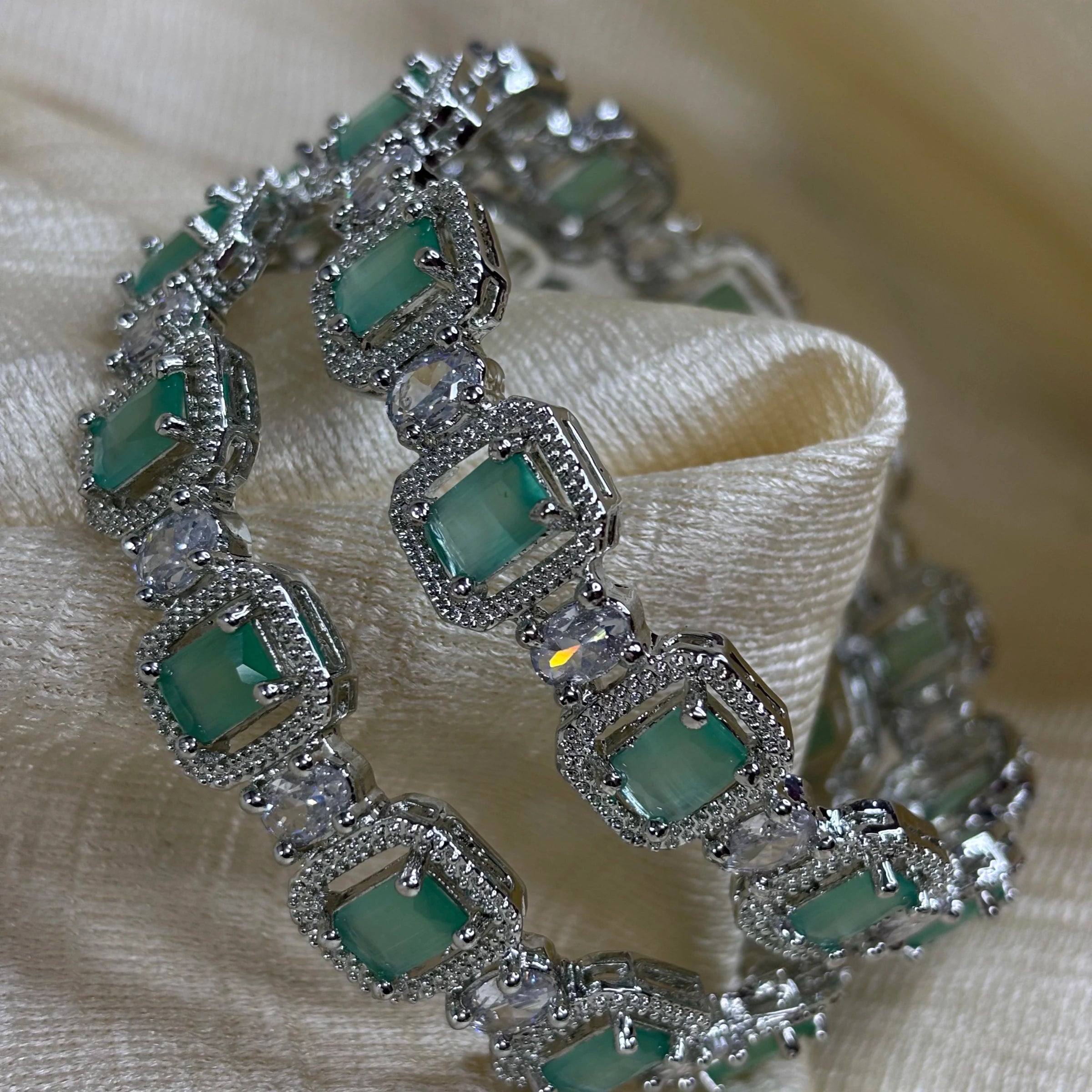 Emerald Elegance – Rhodium-Plated Bangles with CZ and Mint Green Stones | B-B2-002