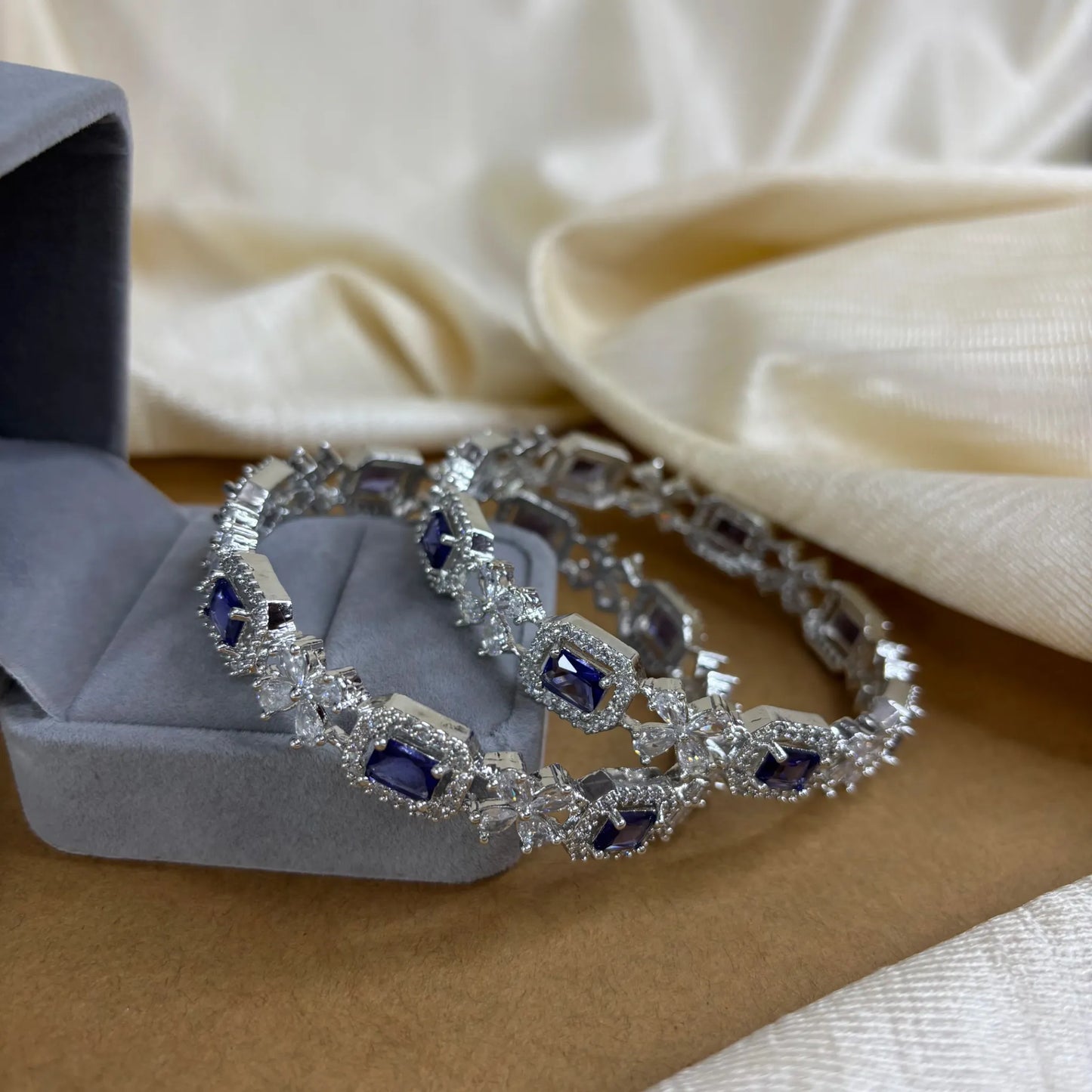 Sapphire Sparkle – Rhodium-Plated Bangles with AD and Sapphire Blue Stones | B-B2-003