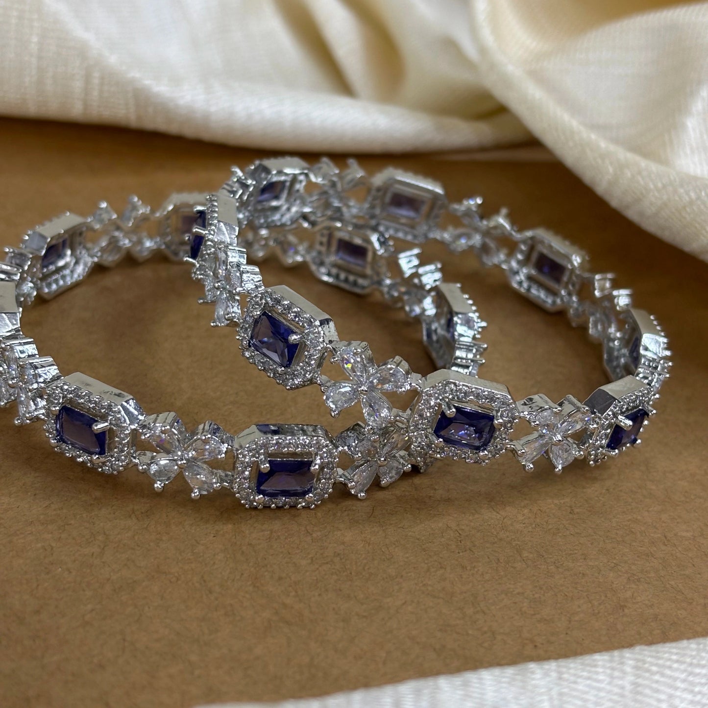 Sapphire Sparkle – Rhodium-Plated Bangles with AD and Sapphire Blue Stones | B-B2-003
