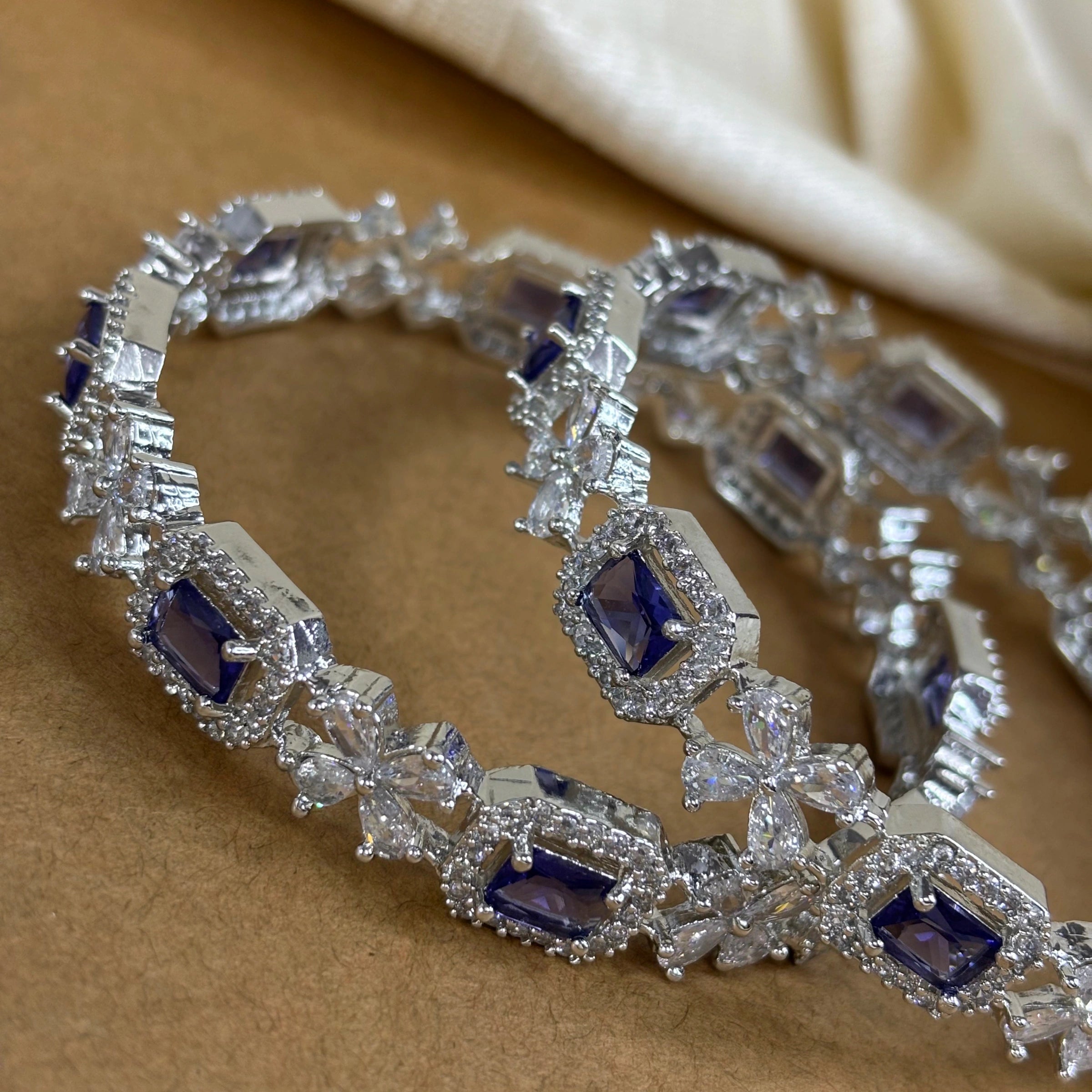 Sapphire Sparkle – Rhodium-Plated Bangles with AD and Sapphire Blue Stones | B-B2-003