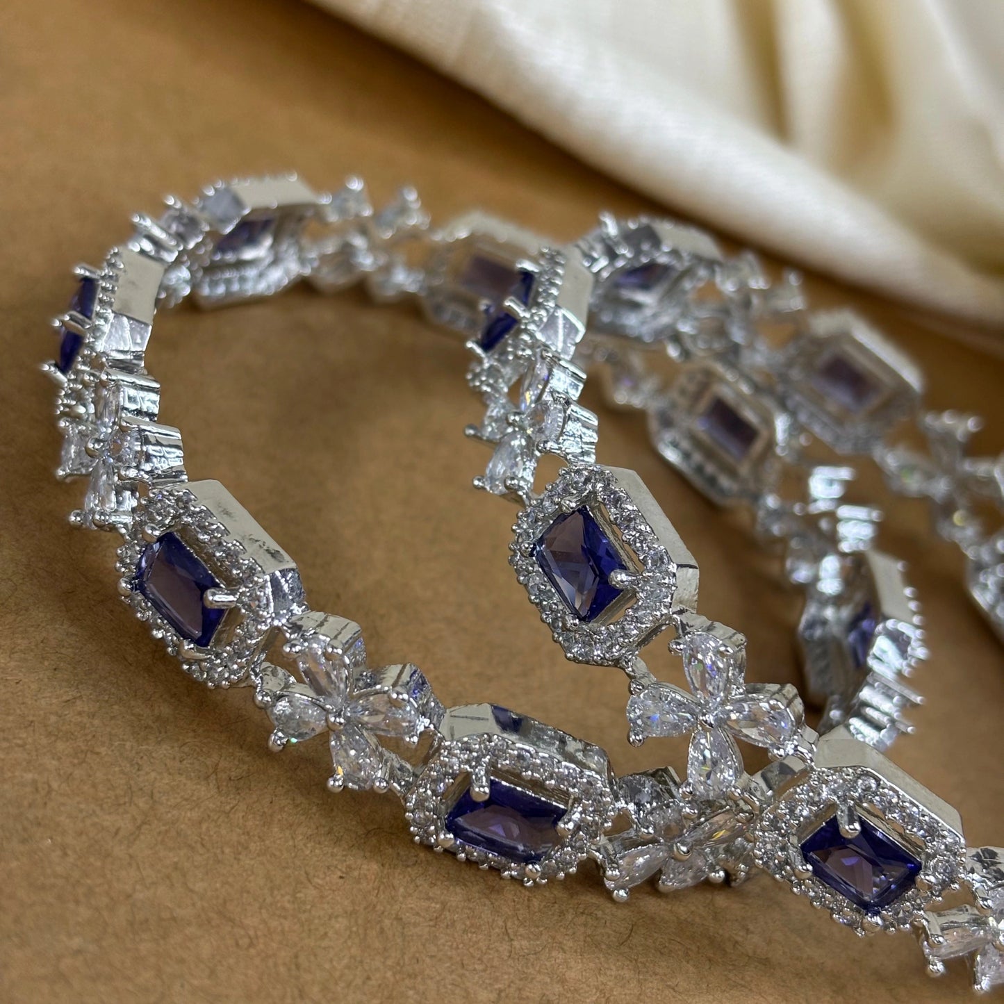 Sapphire Sparkle – Rhodium-Plated Bangles with AD and Sapphire Blue Stones | B-B2-003