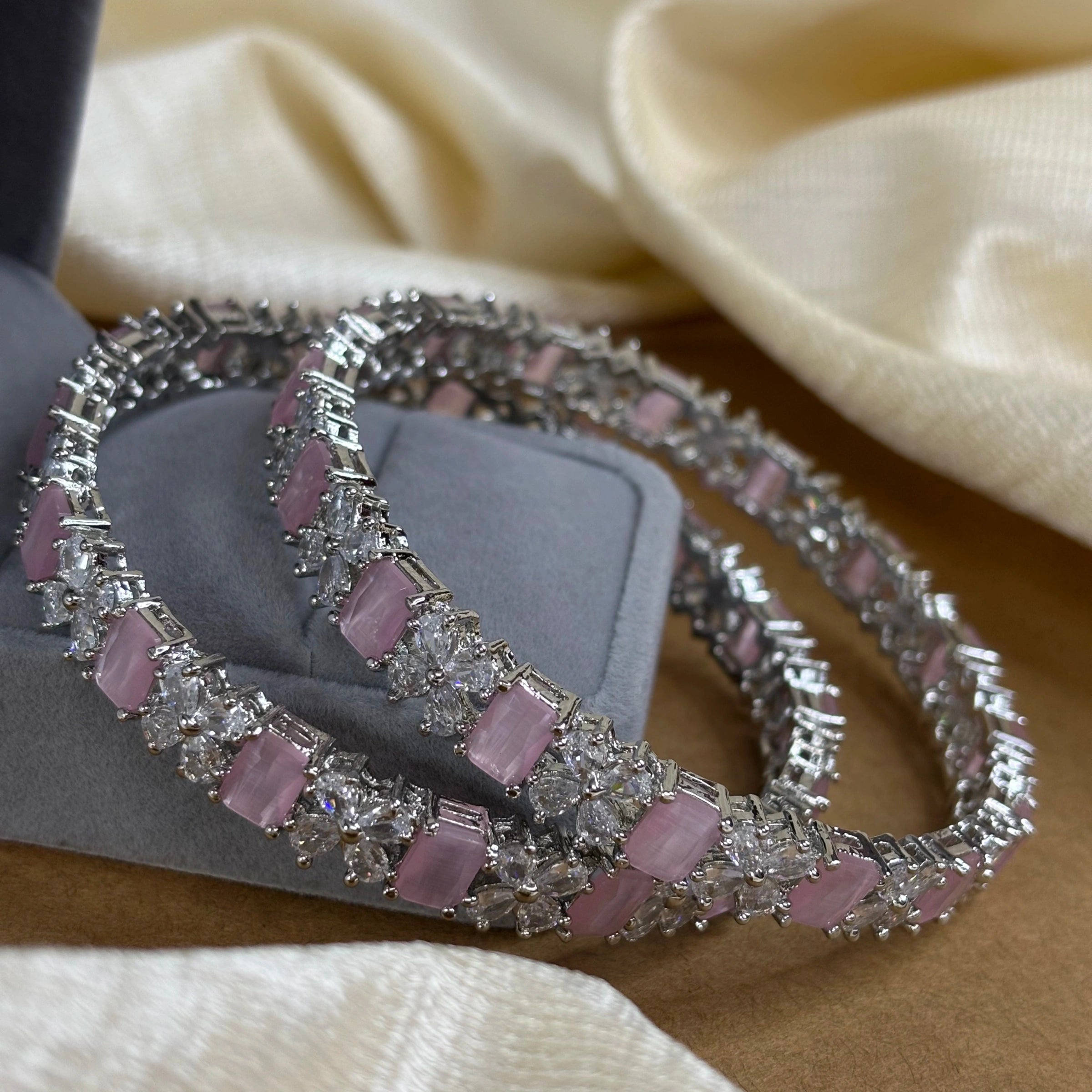 Blush Pink Elegance – Rhodium-Plated Bangles with AD and Rose Quartz Stones | B-B2-004